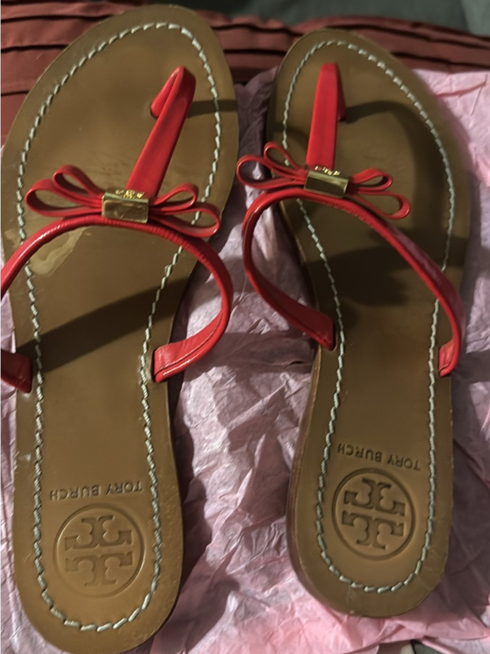 Tory Burch Red Leather Bow Thong Sandals with Gold Accent
